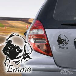 AA174 MOPS + Wunschname Aufkleber Autoaufkleber Hund