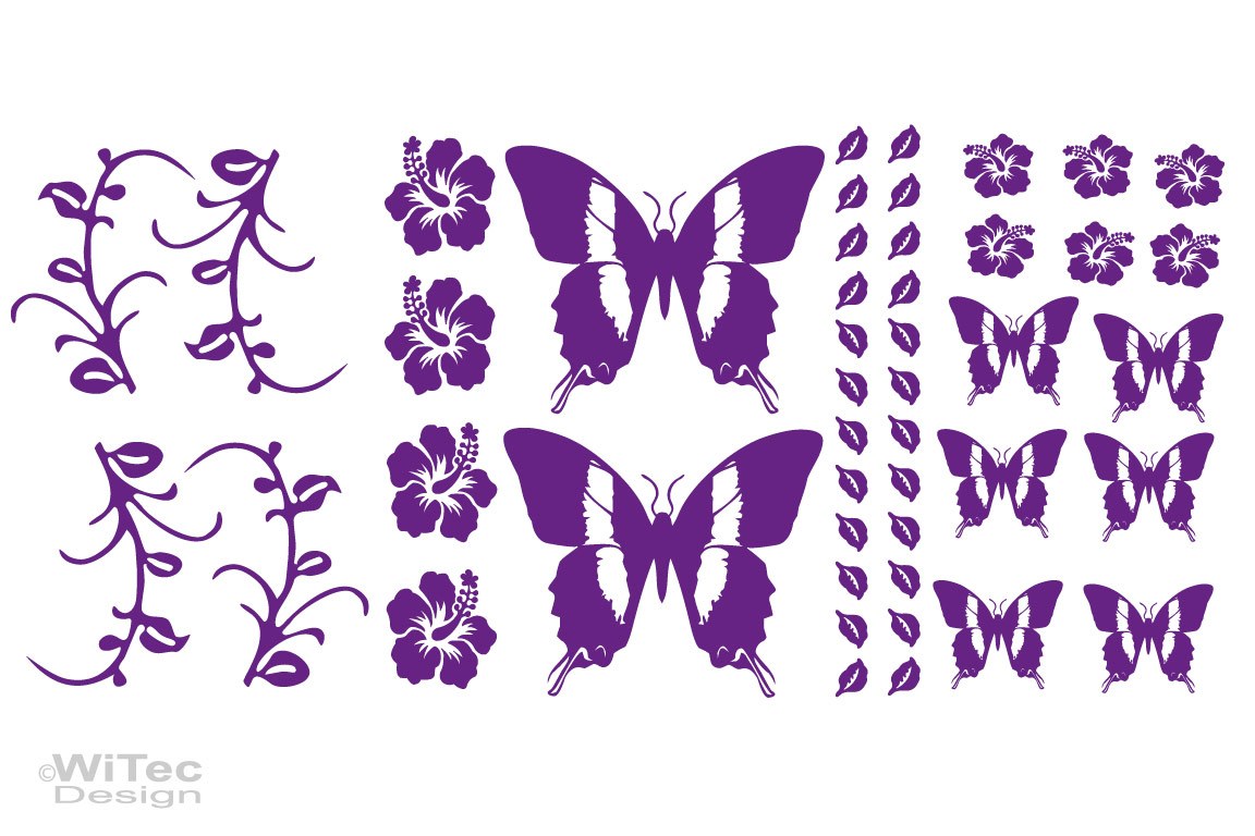 Autoaufkleber Hibiskus Blumen Ranken Schmetterling Set