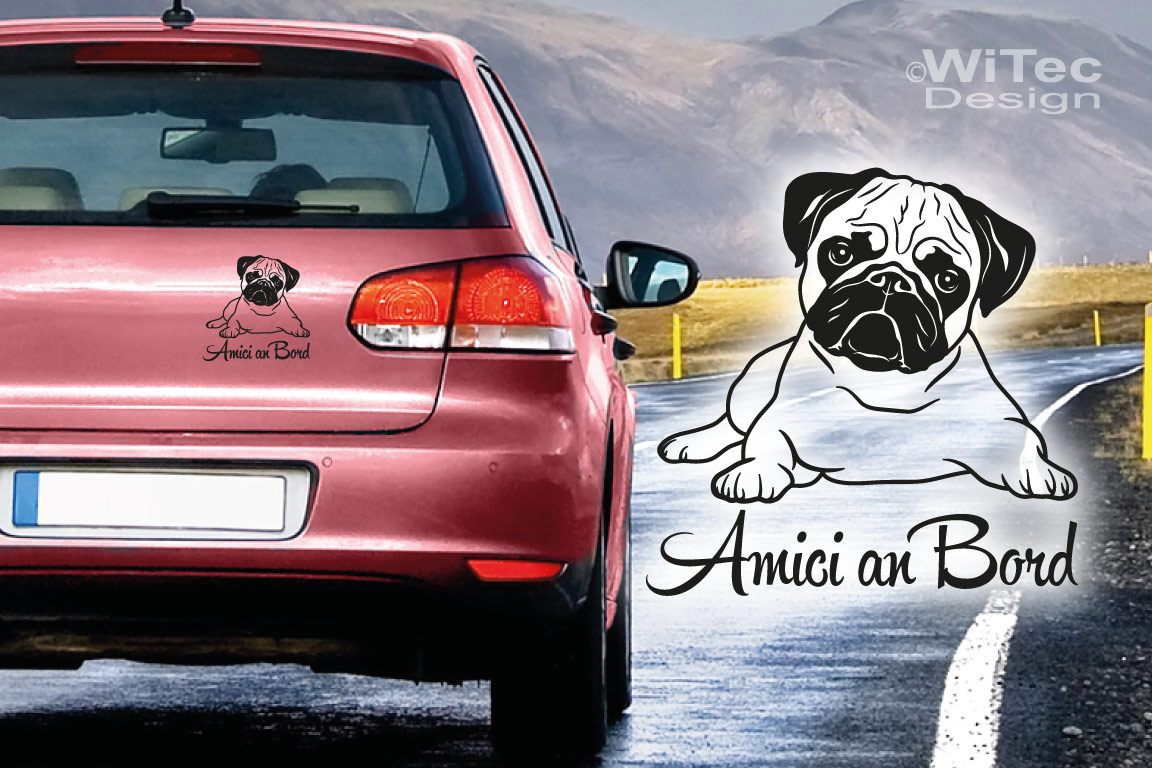 Hundeaufkleber Mops an Bord und Wunschname Hundeaufkleber Mops an Bord und Wunschname