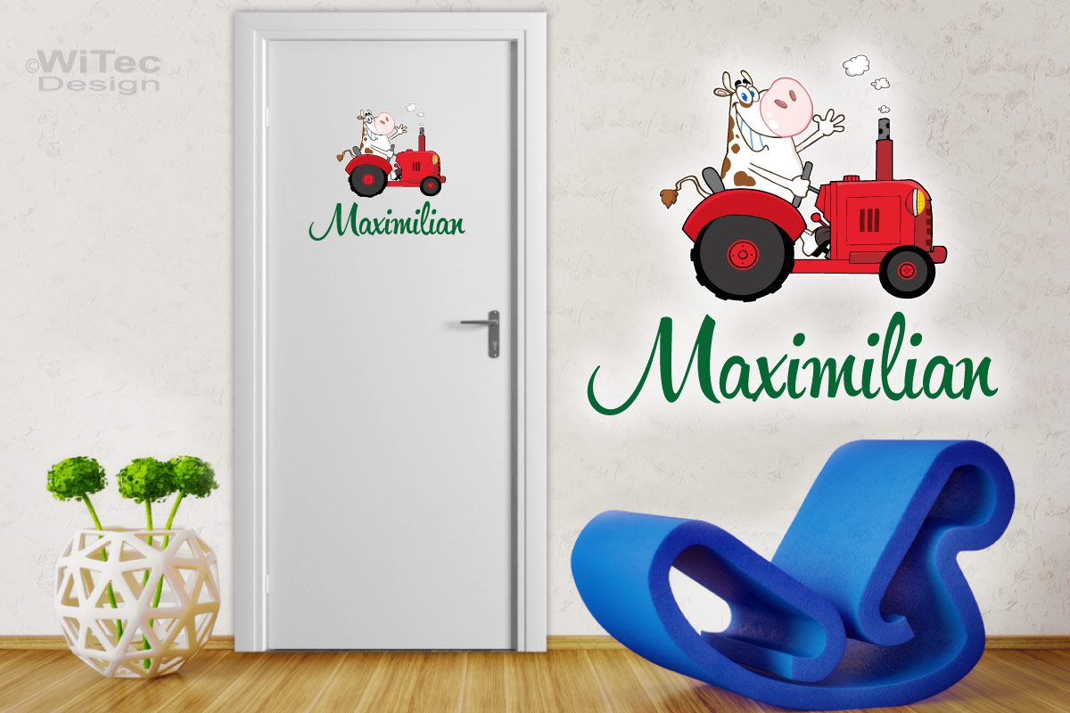 Türaufkleber Traktor mit lustiger Kuh Name Bauernhof Trecker Türtattoo