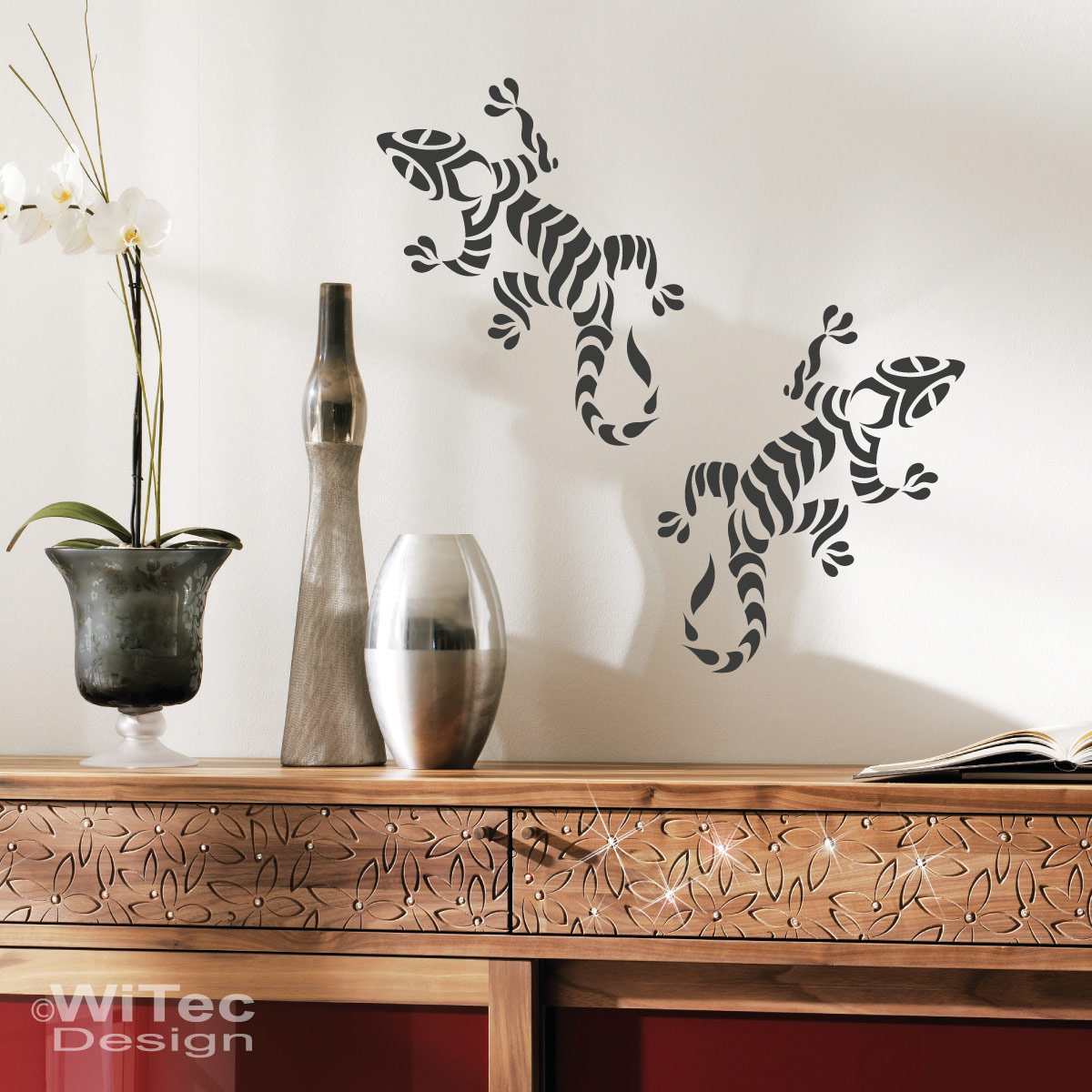 Wandtattoo Gekko Tribal – 60x24 Cm, Schwarz, Selbstklebend, Nachleuchtend | Für Tapete, Putz, Glas