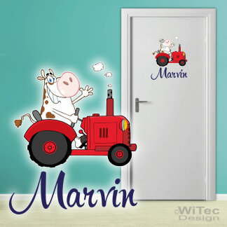 Türaufkleber Traktor mit lustiger Kuh Name Kinderzimmer