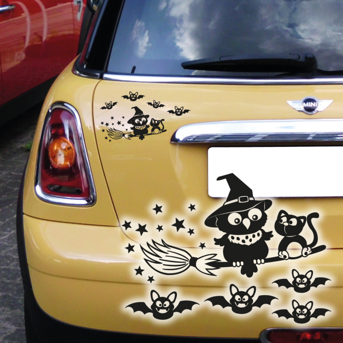 Autoaufkleber Hexe Eule Katze Fledermaus Aufkleber