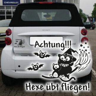 Autoaufkleber Achtung Hexe &uuml;bt fliegen Eule Katze...