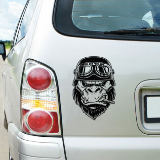 Autoaufkleber Gorilla Affe mit Motorradhelm Biker Auto...