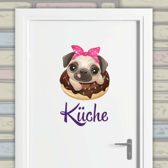 Türaufkleber Mops im Muffin und Wunschtext Küche
