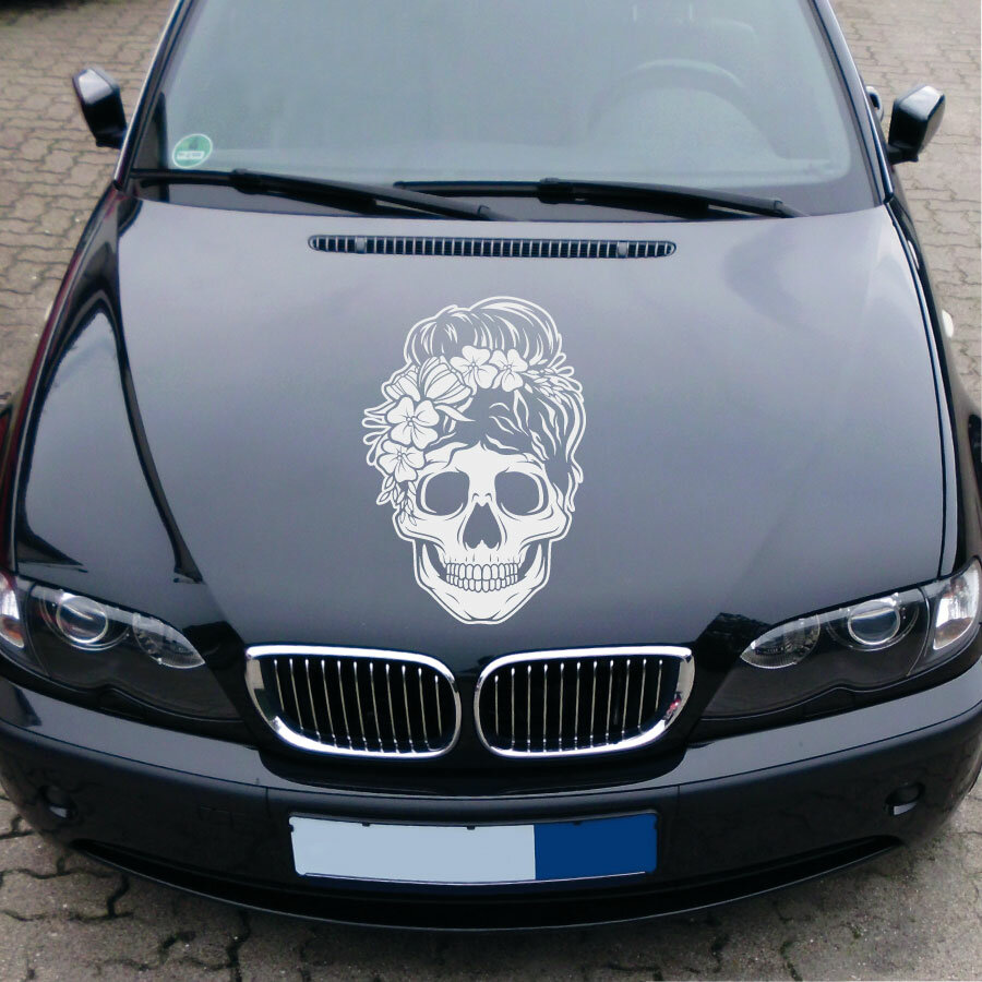Motorhaube Auto-Aufkleber Totenkopf Skull Metall Feuer Rauch