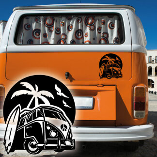Autoaufkleber Hippie Bus Palmen Surfboard Strand...