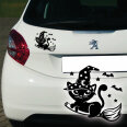 Autoaufkleber Katze mit Hexenhut auf Besen Aufkleber Auto